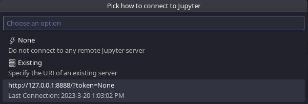 Screenshot Jupyter Server: Remote icon, choose last used connection